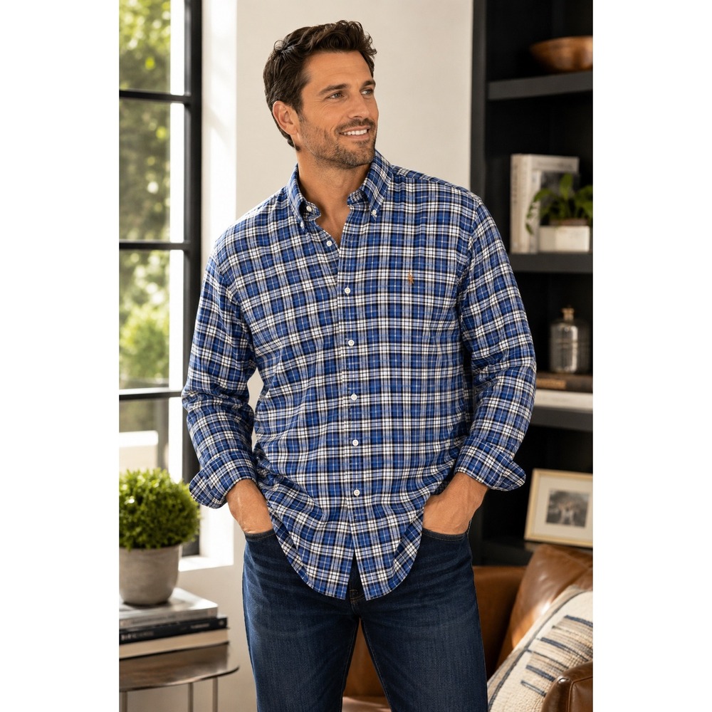 Ralph Lauren Classic Fit Plaid‎ Button Down Shirt Men XL Blue White Black